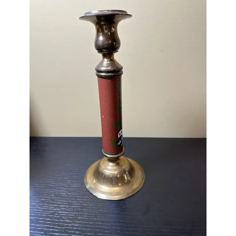 Vintage Brass Cloisonne Panda Bamboo Taper Candlestick Holder Red Enamel 9.5 in.